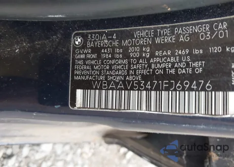 2001 BMW 330 I from USA, damaged, VIN WBAAV53471FJ69476